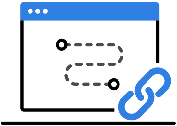 A laptop with blue link icon and a black color chain like dots